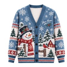 Personalized Name Snowman Winter Village Cardigan with Snowflake Pattern picture