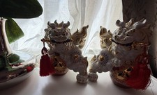 Pair of Japanese Kutani Ware Shishi Guardian Lion Foo Dog Figurines picture