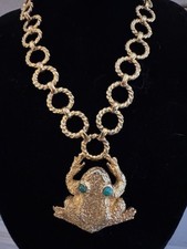 Mimi di N Necklace Green Eyed Frog on Lily Pad Pendant Rare Vintage 1972 picture