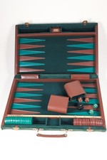 Vintage Aries of Beverly Hills Backgammon Set Green Brown Suede Case Complete picture