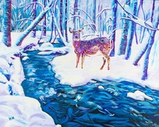 Original acrylic painting 16x20 winter scene, river, deer, impressionism picture