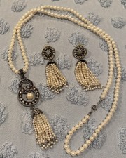 Vintage 1994 Avon “Café Society” White Beaded Tassel Necklace & Earrings Set picture